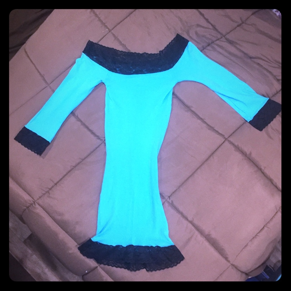 Sheer Turquoise with Black Lace Trim Night Slip